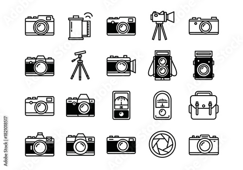 A comprehensive collection of photography line art icons, featuring vintage film cameras, modern digital equipment, and essential accessories