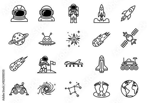 Vector collection of outline icons depicting space travel, astronauts, planets, and celestial objects for science projects