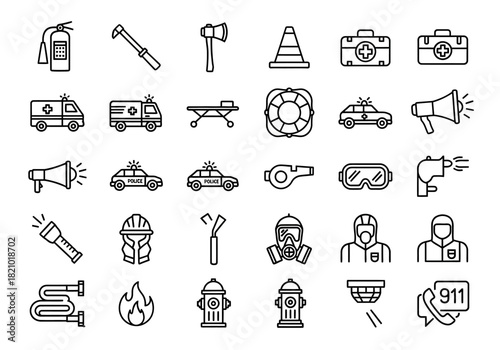 A comprehensive collection of thin line icons representing emergency services, including firefighting, police, and medical rescue symbols for safety