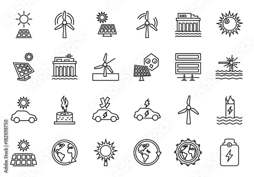 Thin line icon set for renewable resources and sustainability, featuring solar power, wind turbines, and eco-friendly transportation symbols
