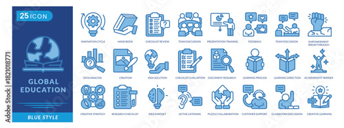 Global Education icon set collection in blue style. Icon pack contains innovation cycle, hand book, checklist review, team discussion, idea solution, team discussion, data analysis, and creation