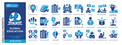 Global Education icon set collection in flat style. Icon pack contains innovation cycle, hand book, checklist review, team discussion, idea solution, team discussion, data analysis, and creation