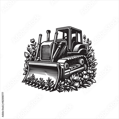 Vector Logo Illustration of a Bulldozer in Nature Surrounded by Plants