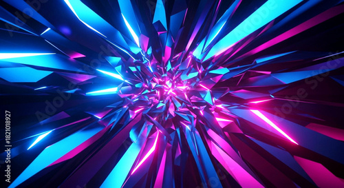Abstract explosion of glowing blue and magenta crystal shards in dark space