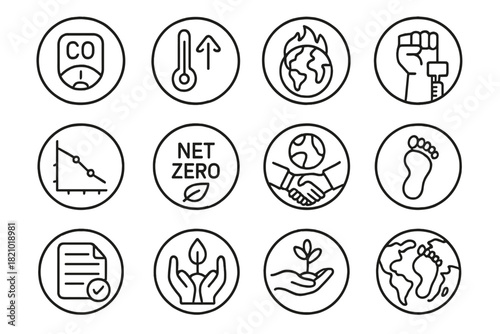 Climate Action Icons. Line style round icons of climate action: CO2 meter, temperature rise, global warming icon, climate protest;