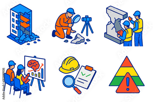 Engineering Disaster Analysis. Isometric vector illustration set Engineering disaster analysis: structural collapse, forensic