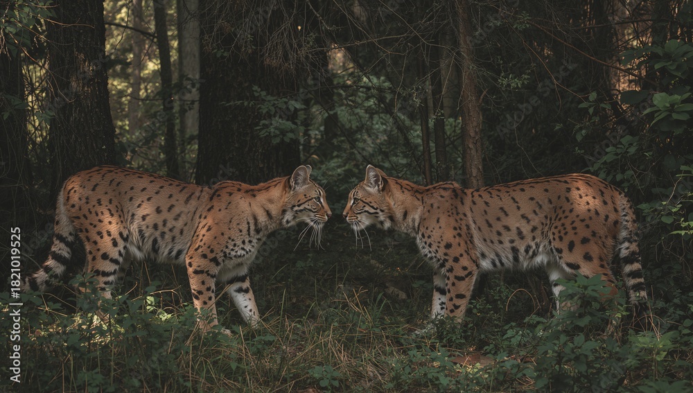 Obraz premium Facing two lynx-like cats standing nose-to-nose on leaf-littered forest floor, showing tree trunks