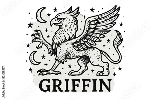 Black and white drawing of a large bird with a white wing and claws