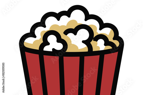 A stylized illustration of a red and white striped bucket filled with fluffy popcorn against a white background, perfect for movie nights or snack-related themes.