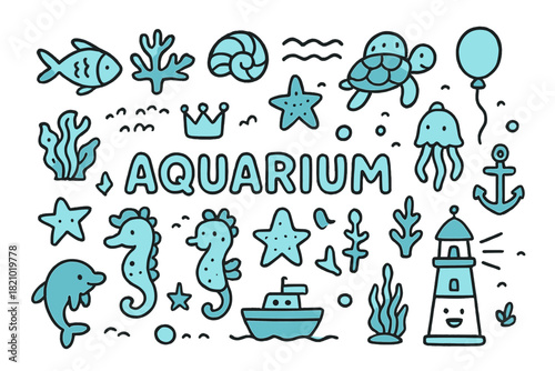 Blue background with a bunch of sea creatures and a boat