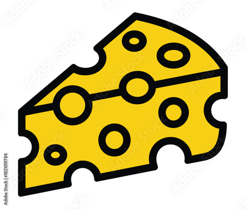 A bright yellow wedge of swiss cheese with distinctive holes is isolated on a white background, symbolizing a delicious dairy product.