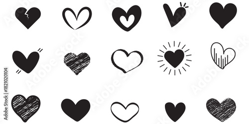 Hand drawn heart icons set, love and romance doodles vector design on transparent background. Black Color Set Icon. EPS 10.