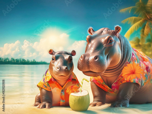 Baby and mommy Hippopotamus relaxing with fresh coconut juice on tropical beach