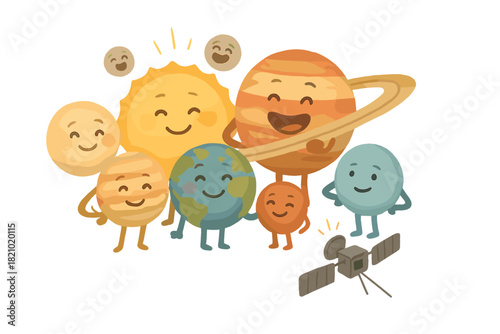Planetary Family Portrait. Solar system family portrait with planets posing, moons laughing, and spacecraft taking the picture No