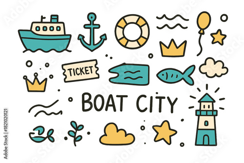 Boat city is a fun and colorful design with various sea creatures and boats