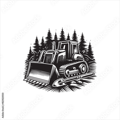 Bulldozer in a pine forest with a shovel, heavy equipment earthmoving vector logo illustration design 41