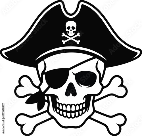 Pirate skull and crossbones with eye patch and hat illustration
