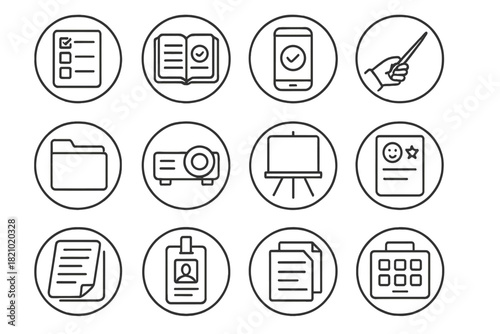 Teacher Tools Icons. Line style round icons of teacher tools: lesson plan, grading book, attendance app, pointer stick; syllabus