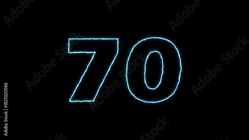 Glowing Number 70 Animation on Black Background.