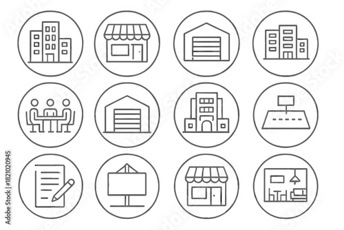 Commercial Real Estate Icons. Line style round icons of commercial real estate: office building, retail space, warehouse icon,
