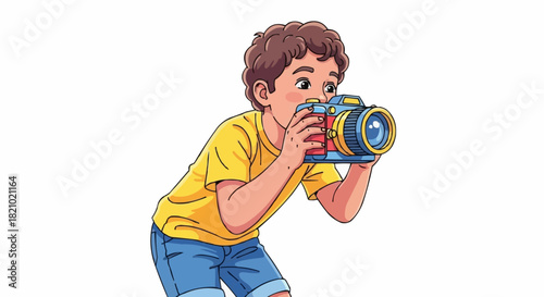 Boy with Camera Capturing a Moment of Joy and Discovery.