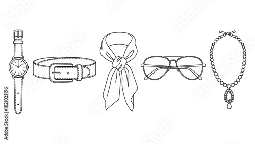 Collection of hand drawn fashion accessories including a watch belt scarf sunglasses and necklace