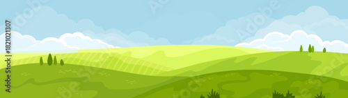 Landscape vector background. Nature wallpaper with blue sky, clouds, grass and place for your text. Grange and vintage field. Illustration for banner, wall art, cover, decoration temlate.