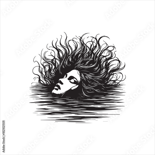 Mysterious woman's head with flowing hair emerging from water, a dramatic vector logo illustration for elegant design projects
