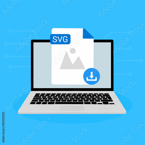 SVG File Download on Laptop. SVG document appearing on a laptop screen with a download icon.