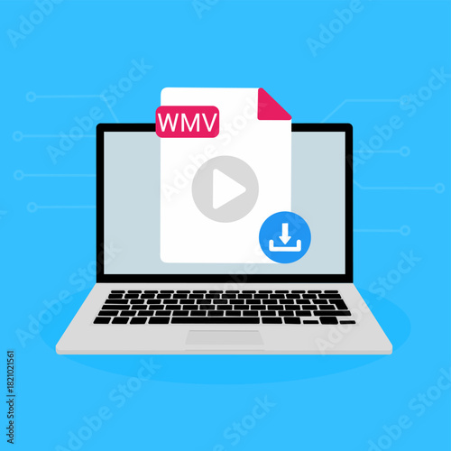 WMV File Download on Laptop. WMV document appearing on a laptop screen with a download icon.