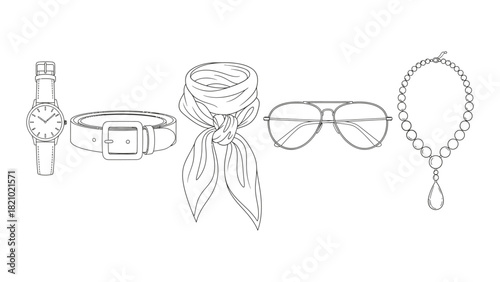 Line art sketch of feminine accessories including makeup belt sunglasses and mirror