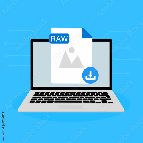RAW File Download on Laptop. RAW document appearing on a laptop screen with a download icon.