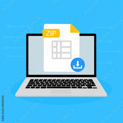 ZIP File Download on Laptop. ZIP document appearing on a laptop screen with a download icon.