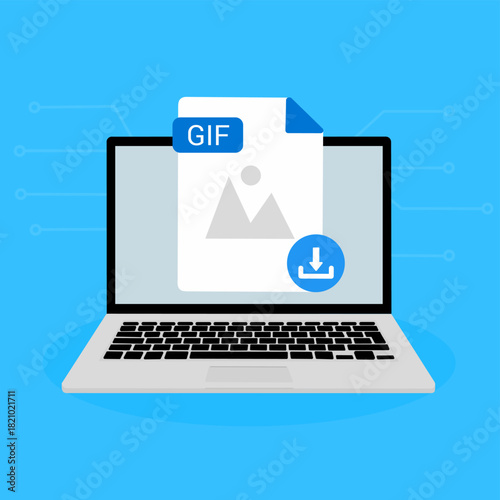 GIF File Download on Laptop. GIF document appearing on a laptop screen with a download icon.