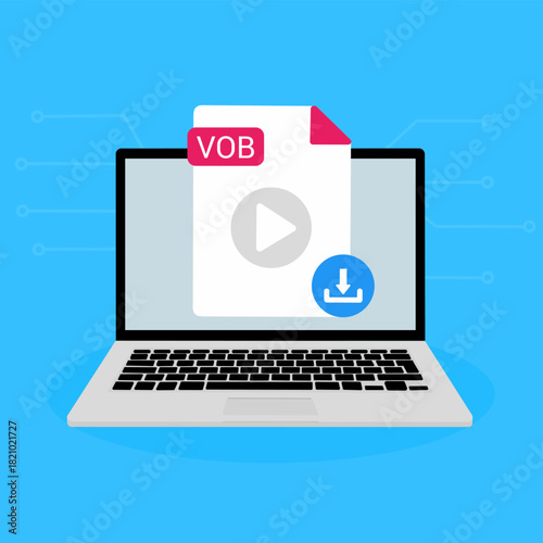 VOB File Download on Laptop. VOB document appearing on a laptop screen with a download icon.