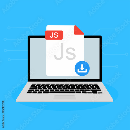 JS File Download on Laptop. JS document appearing on a laptop screen with a download icon.