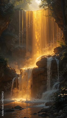 A luminous golden waterfall flows through a lush cave-like landscape with warm magical light.