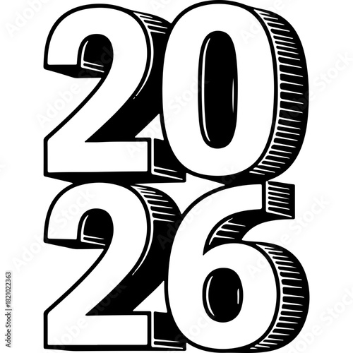 Bold 2026 year number in vintage woodcut style vector illustration. Black and white graphic asset for New Year celebrations, banners, and digital designs.