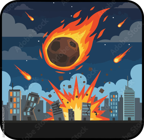 Catastrophic Meteor Shower Bombarding Urban Architecture Vector Illustration.