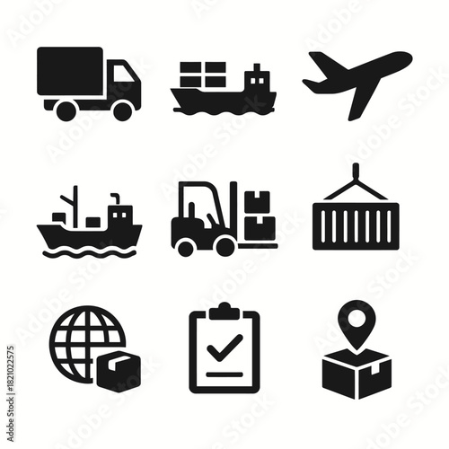 Logistics and transportation icons: truck, ship, plane, and more