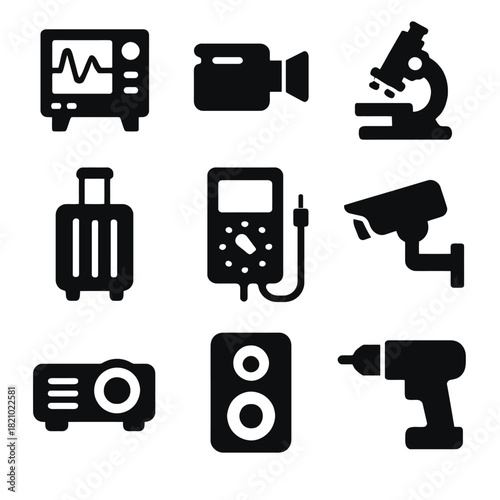 Collection of technology icons: camera, microscope, suitcase, speaker, drill, projector