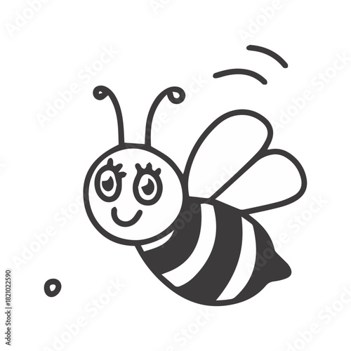 A happy flying bee doodle with a smile and eyelashes. Cheerful black and white insect character buzzing through the air, representing busy joy.