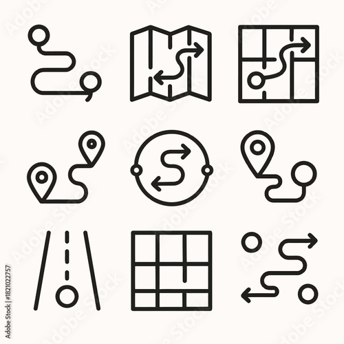 Vector map icons: location routes and navigation symbols for geographical interfaces