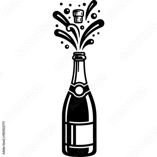 Woodcut Style Vector Illustration of Popping Champagne Bottle with Flying Cork and Splash for New Year Celebration
