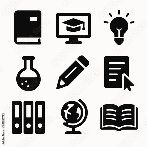Education icons: book, computer, lightbulb, flask, pencil, document, binders, globe, open book