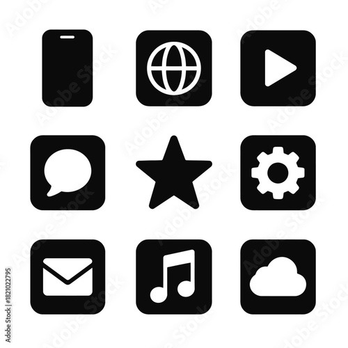 Set of nine black simple icons: smartphone, globe, play, chat, star, gear, email, music, cloud
