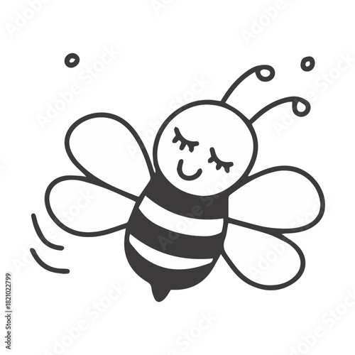 A black and white doodle of a sleepy bee dozing off while hovering. Cute tired insect character with closed eyes, representing rest or dreams.