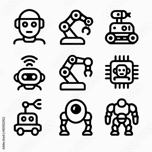 Simple robot icons: automaton, arm, drone, microchip, and humanoid figures