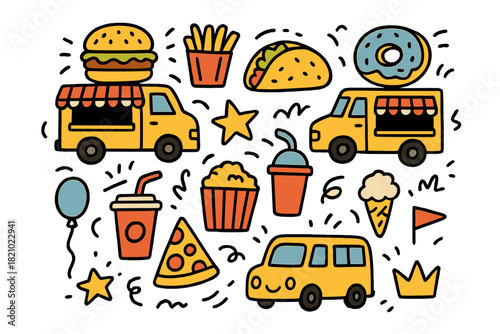 Drawing of food and vehicles with a yellow background