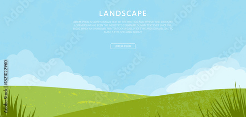 Landscape vector background. Nature wallpaper with blue sky, clouds, grass and place for your text. Grange and vintage field. Illustration for banner, wall art, cover, decoration temlate.